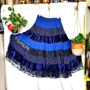 VINTAGE TIERED MAXI BOHO SKIRT lined blue black velvet lace At Last & Co Medium